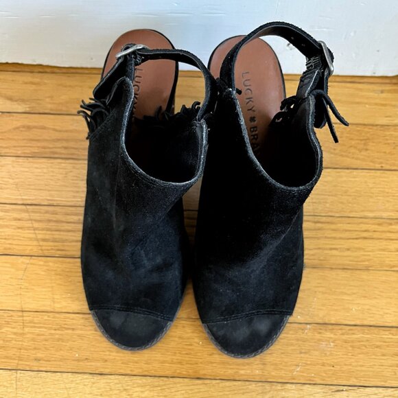 Black Lucky Brand Suede Fringe Boho Open Toe Block Heels - Picture 6 of 7